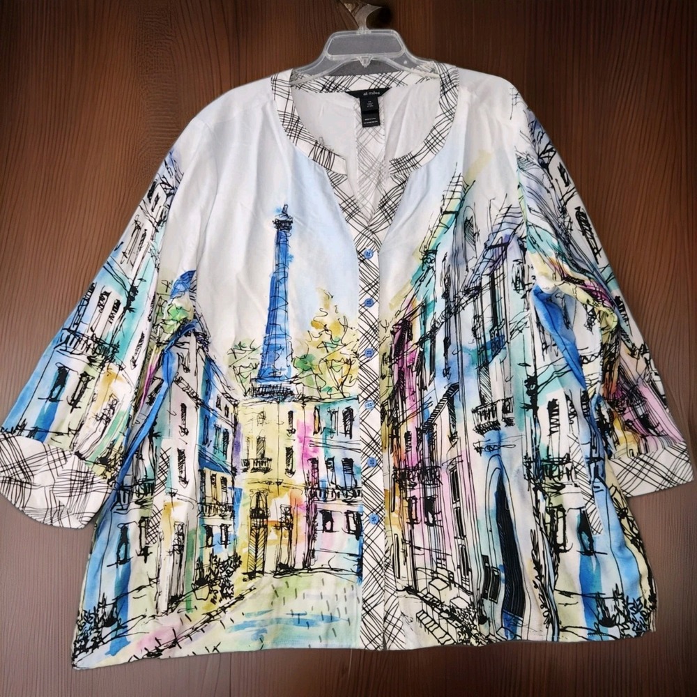 Ali Miles Button Up Tunic Top‎ Womens 2X Paris France Cityscape Artsy Eclectic
